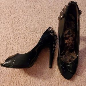 Black embellished peep toe heel